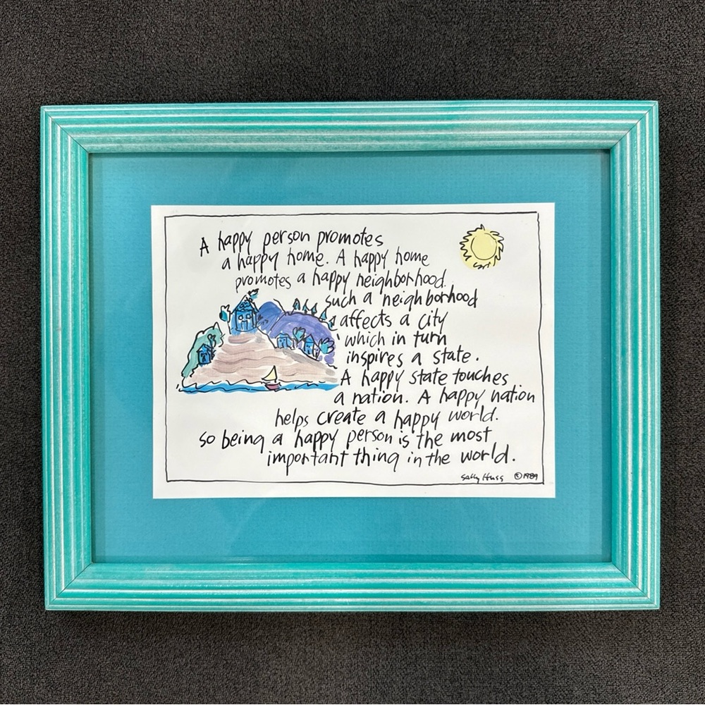RARE Sally Huss 1989 Framed Art Print - Vintage Happy Person/Home - 11.5" X 9.5"